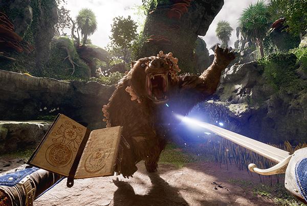 avowed video game with a large bear and a sword