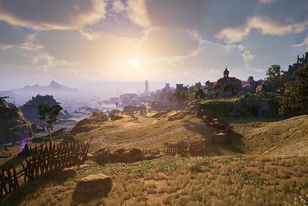 avowed game grassy hillside with a small village in the distance