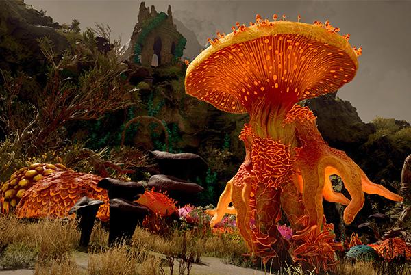 avowed game a large mushroom character is sitting in the middle of a field