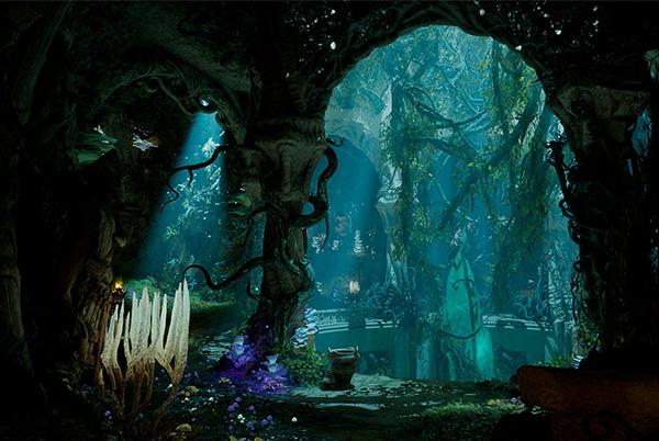 avowed game a dark forest with a large tree in the middle of it