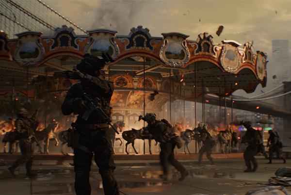 a group of people standing around a merry-go-round in a city