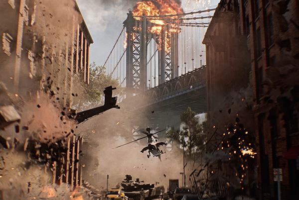 a helicopter is flying over a city with buildings and a bridge in the background