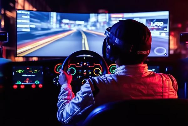 Man on racing wheel ultrawide monitor