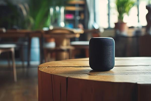 a small speaker sitting on top of a wooden table in a restaurant