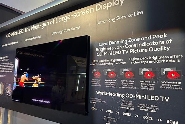 a large screen displaying a video of a man in a suit