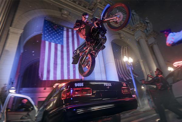 a man riding a motorcycle over a car in a city call of duty black ops 6