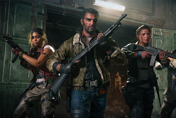 call of duty black ops 6 game dark room with three people holding guns