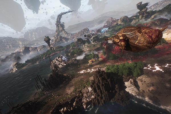 a video game with a large ship flying over a large body of water clair obscur expedition 33