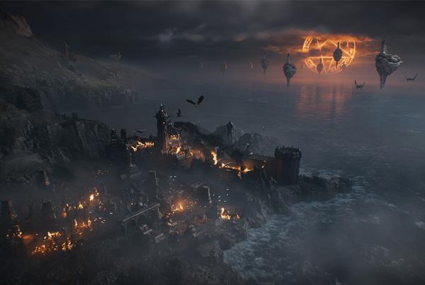 a dark and stormy night with a castle in the background hell doom the dark ages