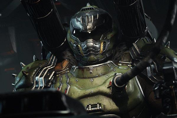 a close up of a man in a green suit with a gun doom slayer