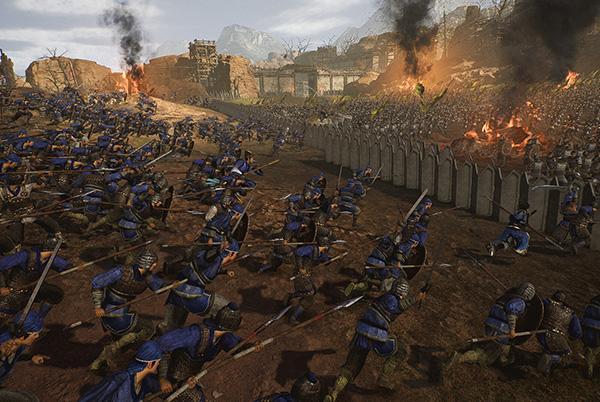a screenshot from dynasty warriors origins showing a large group of men in blue uniforms fighting on a battlefield