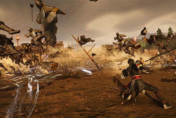 a screenshot from dynasty warriors origins showing characters fighting in a field with swords