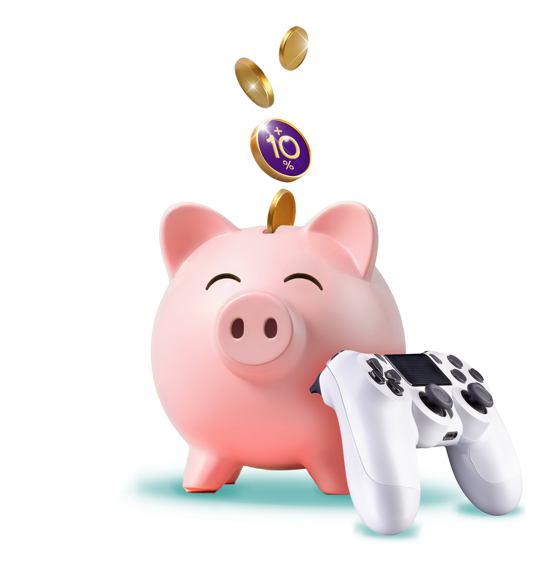 A piggybank with a gaming controller leaning on it