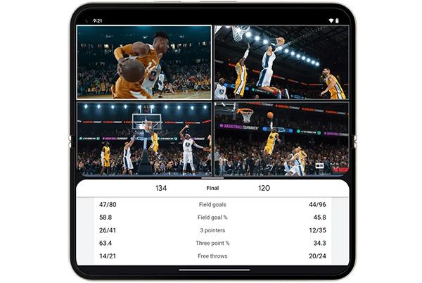 a google pixel 9 pro fold phone displaying a basketball game on the screen