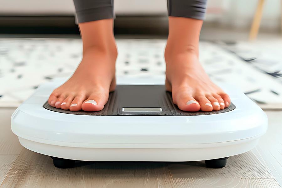 a person holding an smart phone next to a smart scale