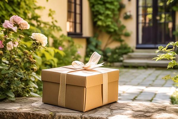 Wrapped gift box on doorstep outside