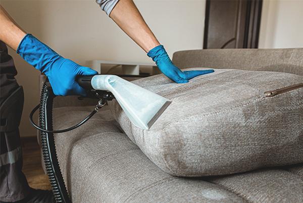 a person in blue gloves is cleaning a couch with a carpet cleaner attachment