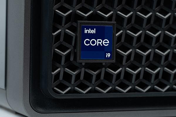 a close up of a computer tower with a blue intel core i9 sticker on it