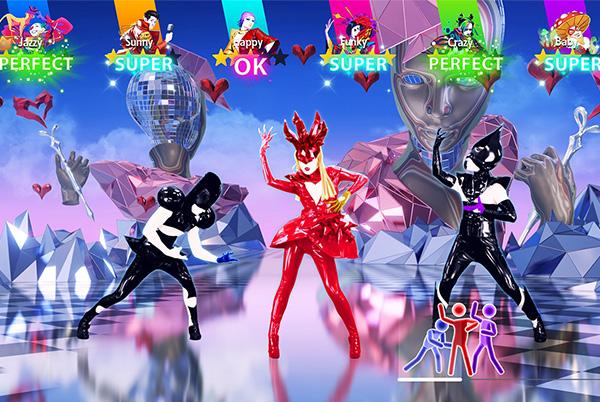 just dance 2025 gameplay screenshot with three characters in red and black costumes