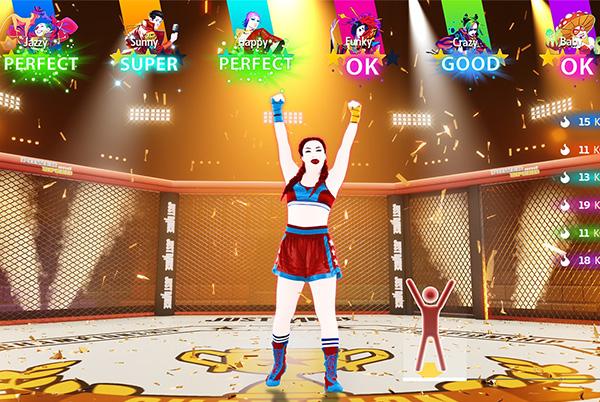 just dance 2025 gameplay screenshot with a woman standing in front of a boxing ring with her arms up