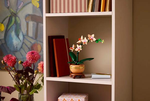 a book shelf with a lego botanicals mini orchid on it