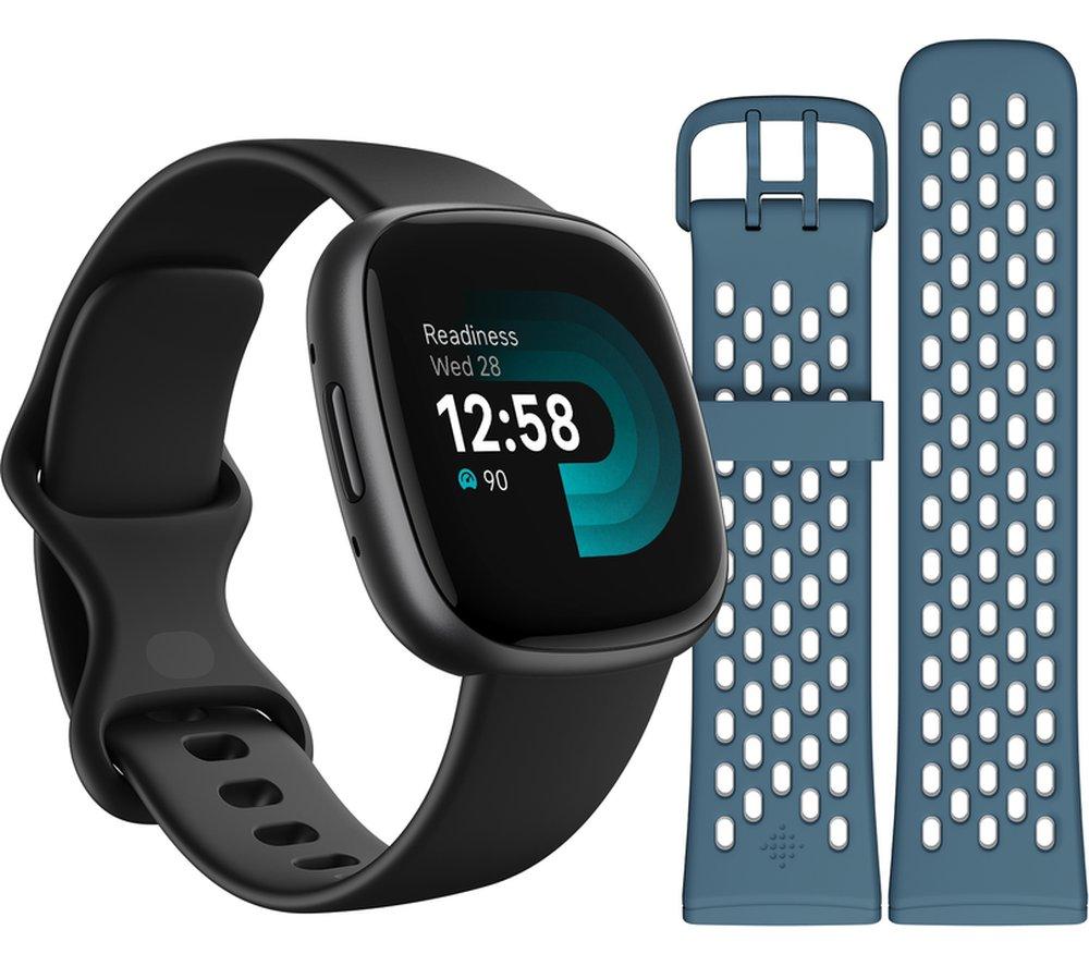 FITBIT Versa 4 Smart Watch Sports Pack with Additional Blue Sports Band - Black & Graphite, Black,Blue