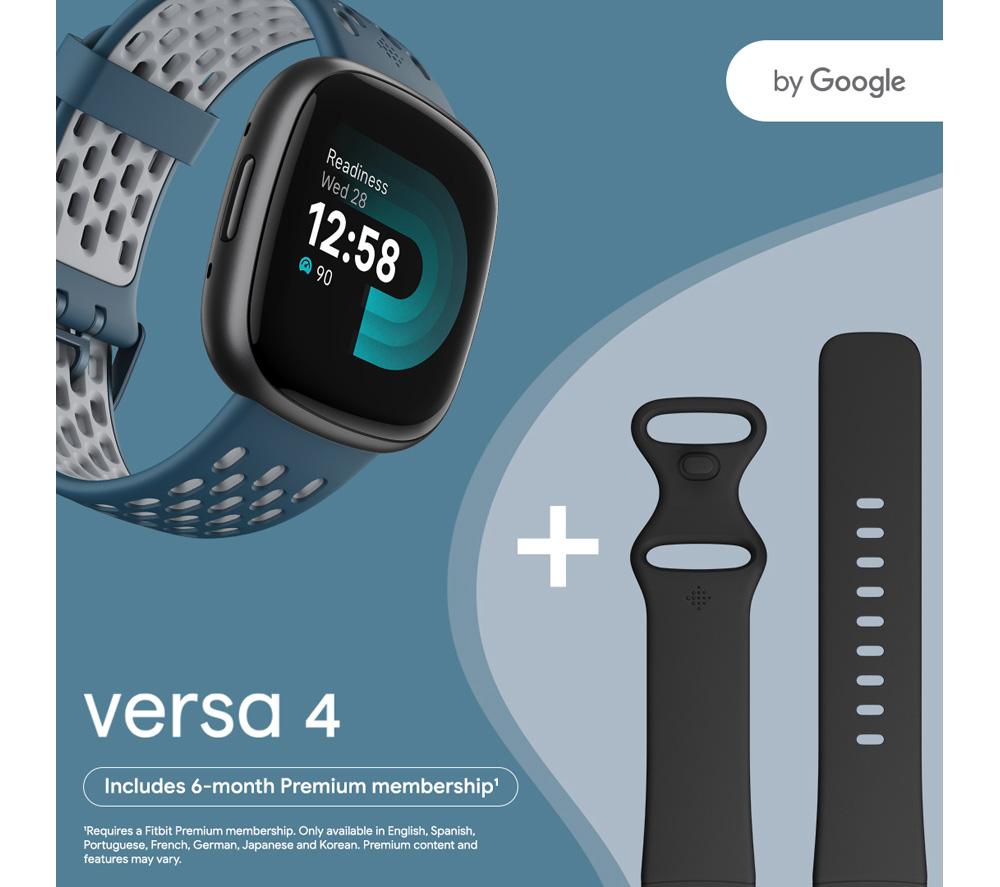 FITBIT Versa 4 Smart Watch Sports Pack with Additional Blue Sports Band Black Graphite