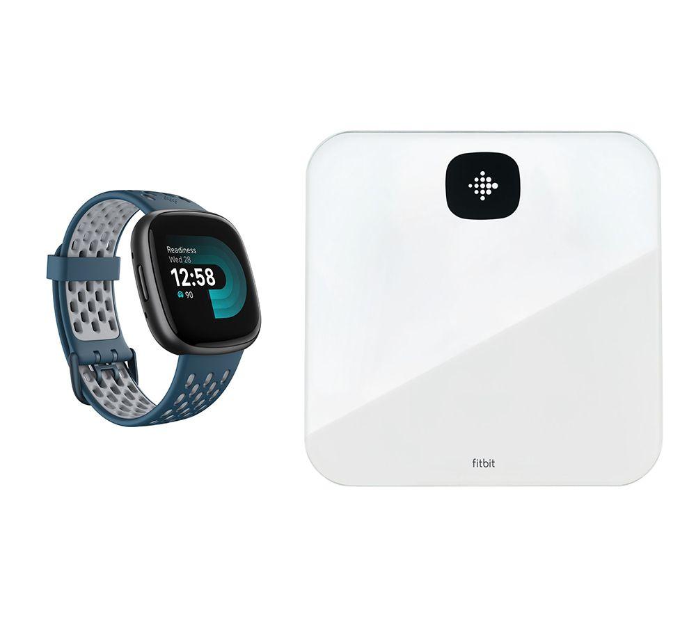 Fitbit Versa 4 Smart Watch Sports Pack & Aria Air Smart Scale Bundle - Black & White, Black,Blue