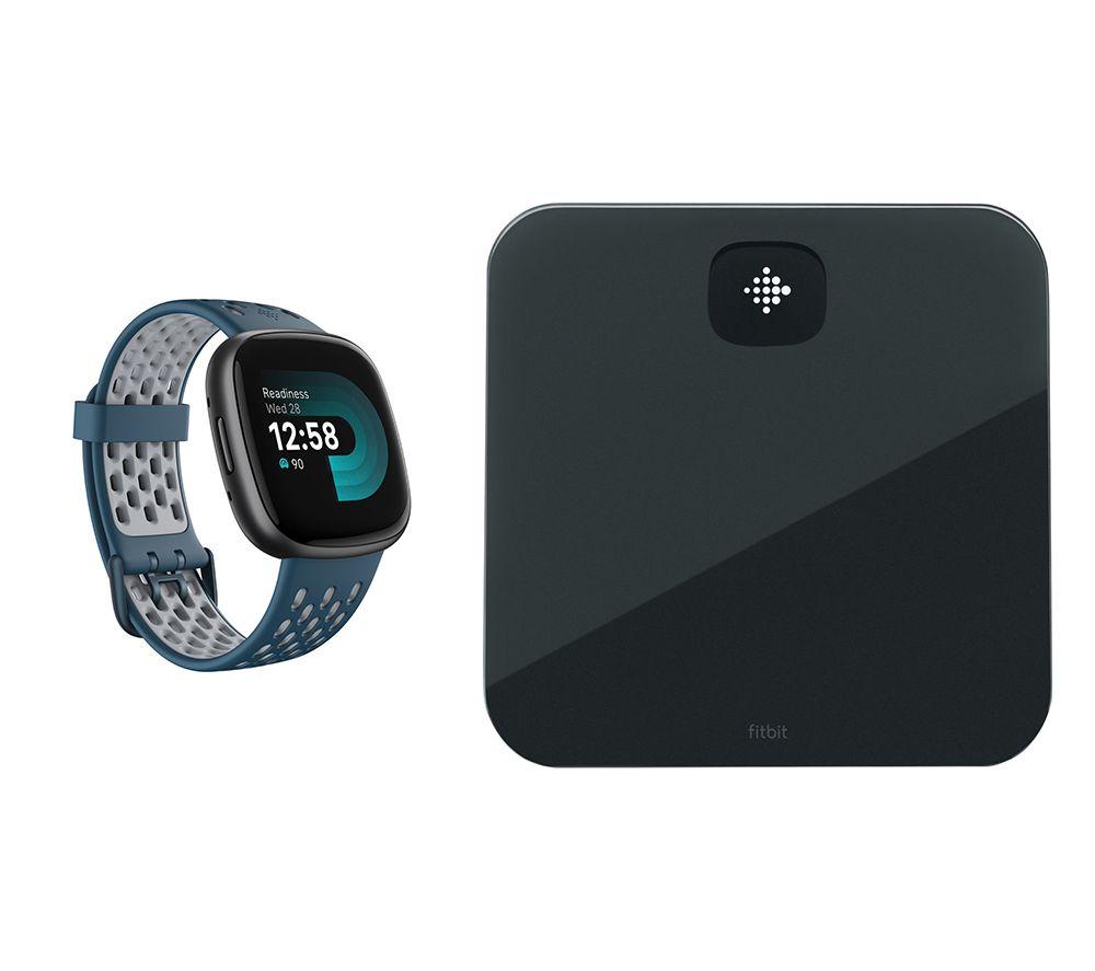 Fitbit Versa 4 Smart Watch Sports Pack & Aria Air Smart Scale Bundle - Black, Black,Blue