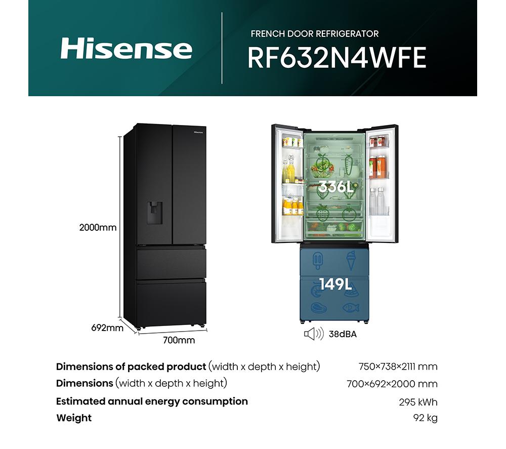 HISENSE PureFlat Slim RF632N4WFE Fridge Freezer - Black Stainless Steel image number 12 of 13