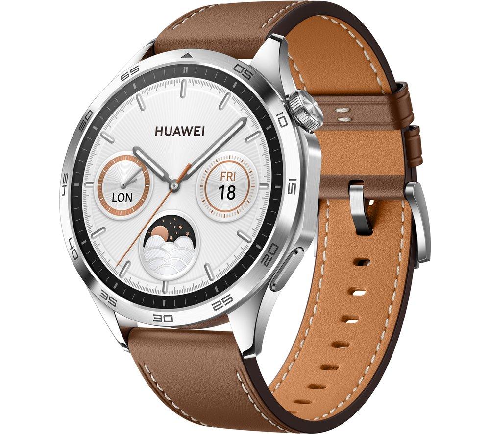 HUAWEI Watch GT 4 - Brown, Leather Strap, 46 mm, Silver/Grey,Brown