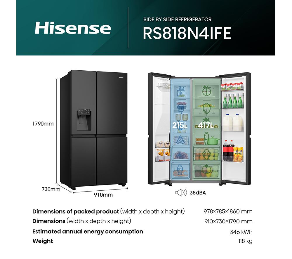HISENSE PureFlat Infinite RS818N4IFE American-Style Smart Fridge Freezer - Black Stainless Steel image number 10 of 13