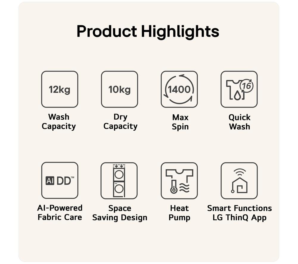 LG WashTower WT1210BBTN1 WiFi-enabled 12 kg Washer Dryer - Black image number 2 of 20