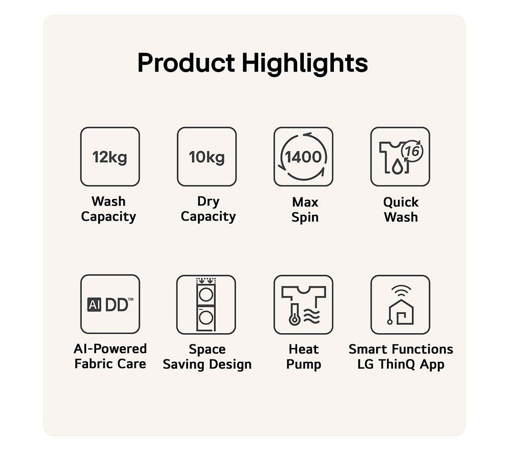 LG ELCTRNC WashTower WT1210WWF WiFi-enabled 12 kg Washer Dryer - White image number 2 of 20