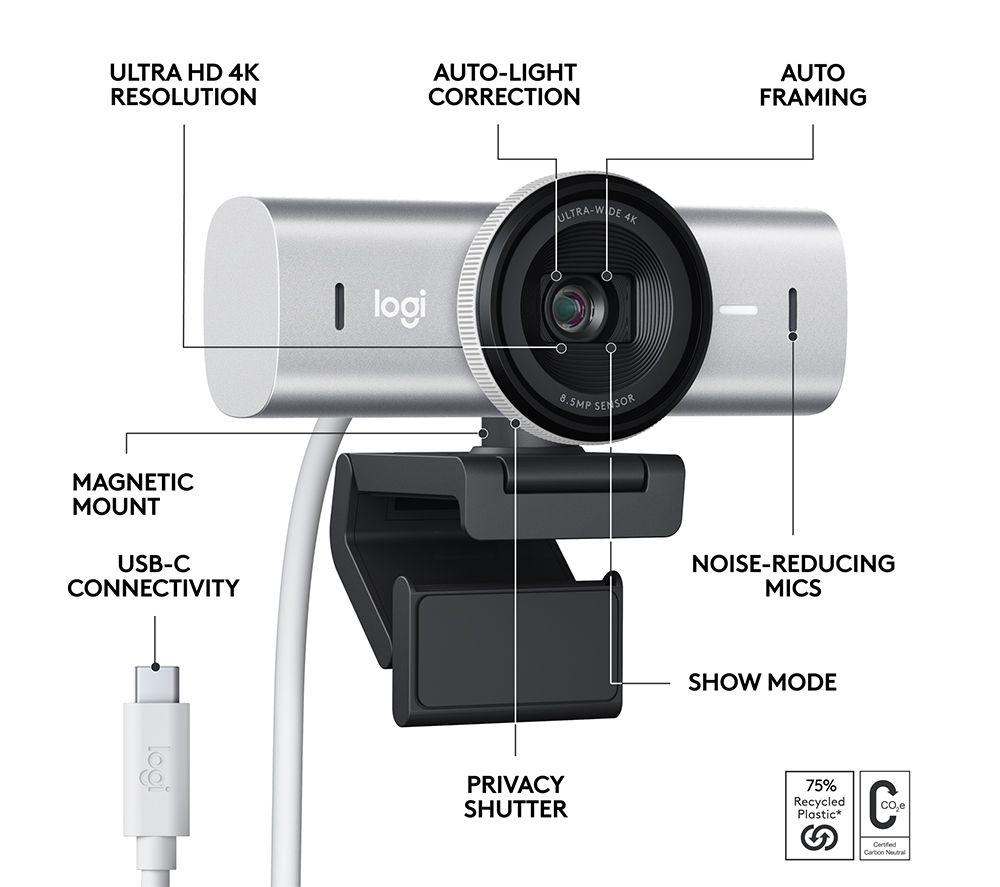 LOGITECH MX Brio 4K Ultra HD Webcam - Pale Grey image number 6 of 11