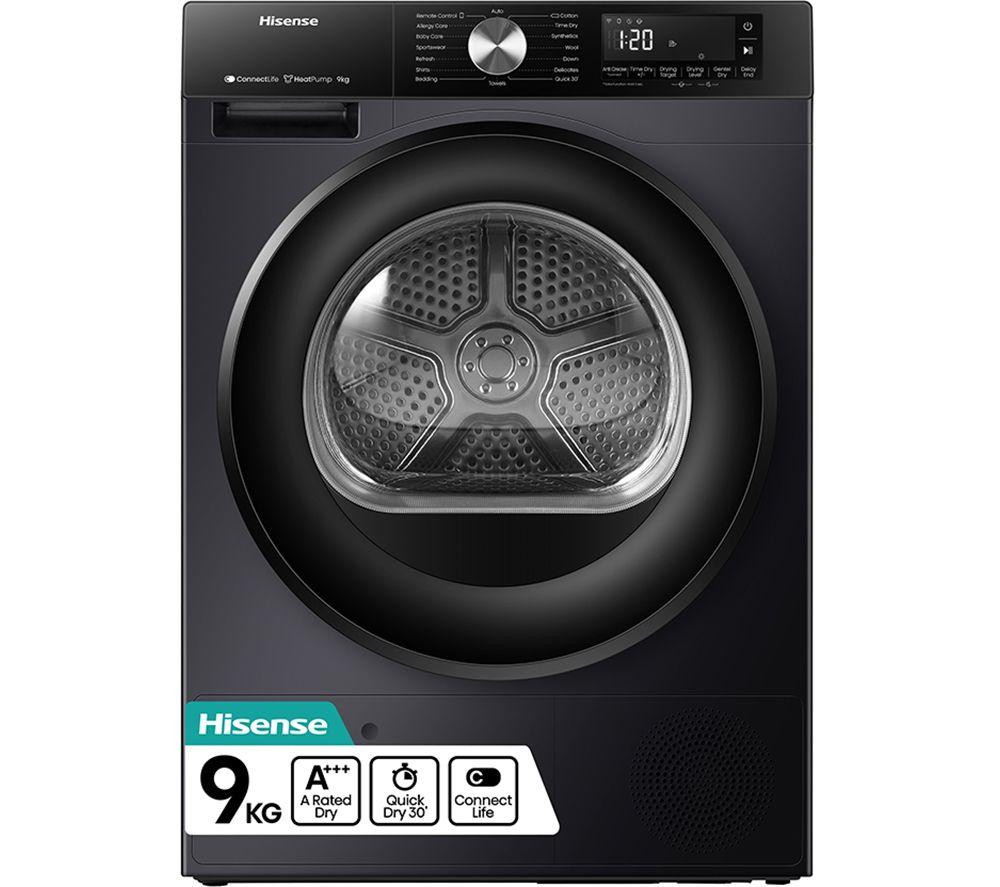 HISENSE 3S Series DH3S902BB3 WiFi-enabled 9 kg Heat Pump Tumble Dryer – Black, Black