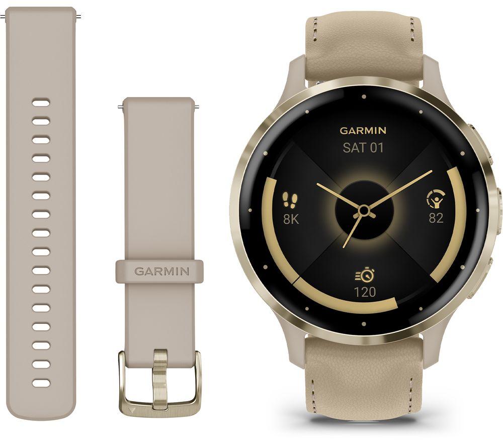 GARMIN Venu 3S - Soft Gold with French Grey Leather Band & French Grey Silicone Band