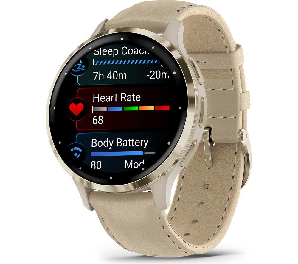 GARMIN Venu 3S - Soft Gold with French Grey Leather Band & French Grey Silicone Band image number 9 of 11
