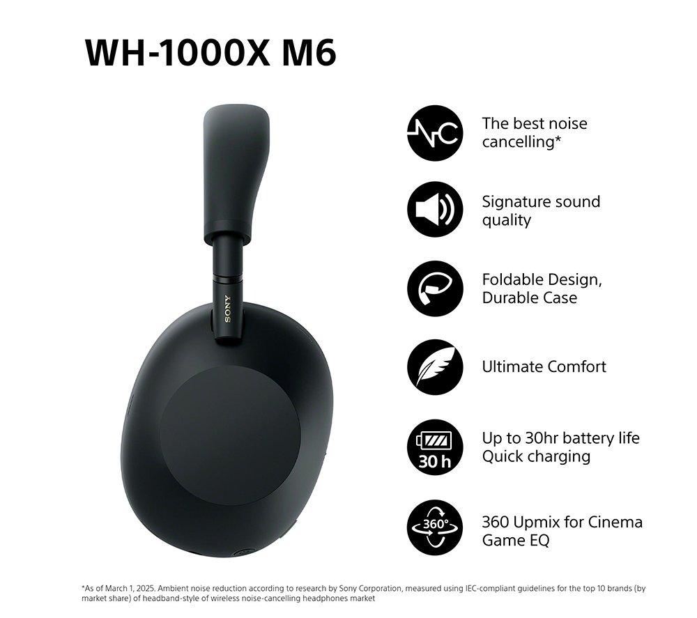 SONY WH-1000XM6 Wireless Bluetooth Noise-Cancelling Headphones - Black