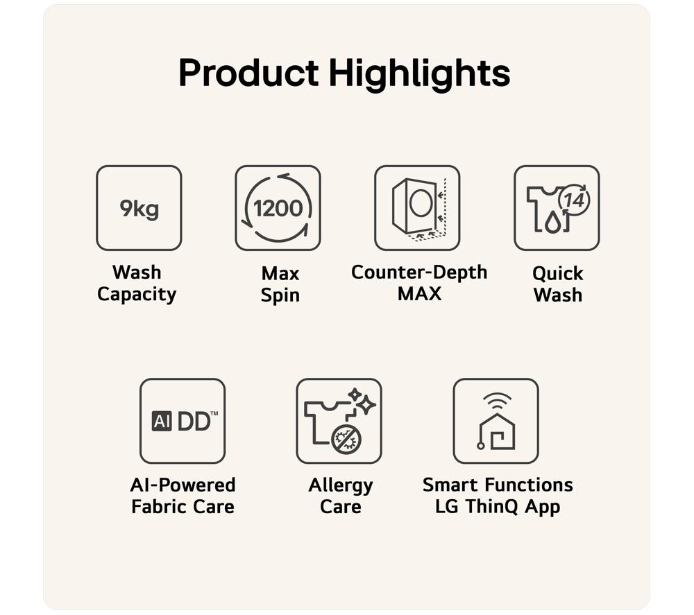 LG Series 3 Counter-Depth MAX F2X50S9TWB WiFi-enabled 9 kg 1200 Spin Washing Machine - White image number 2 of 18