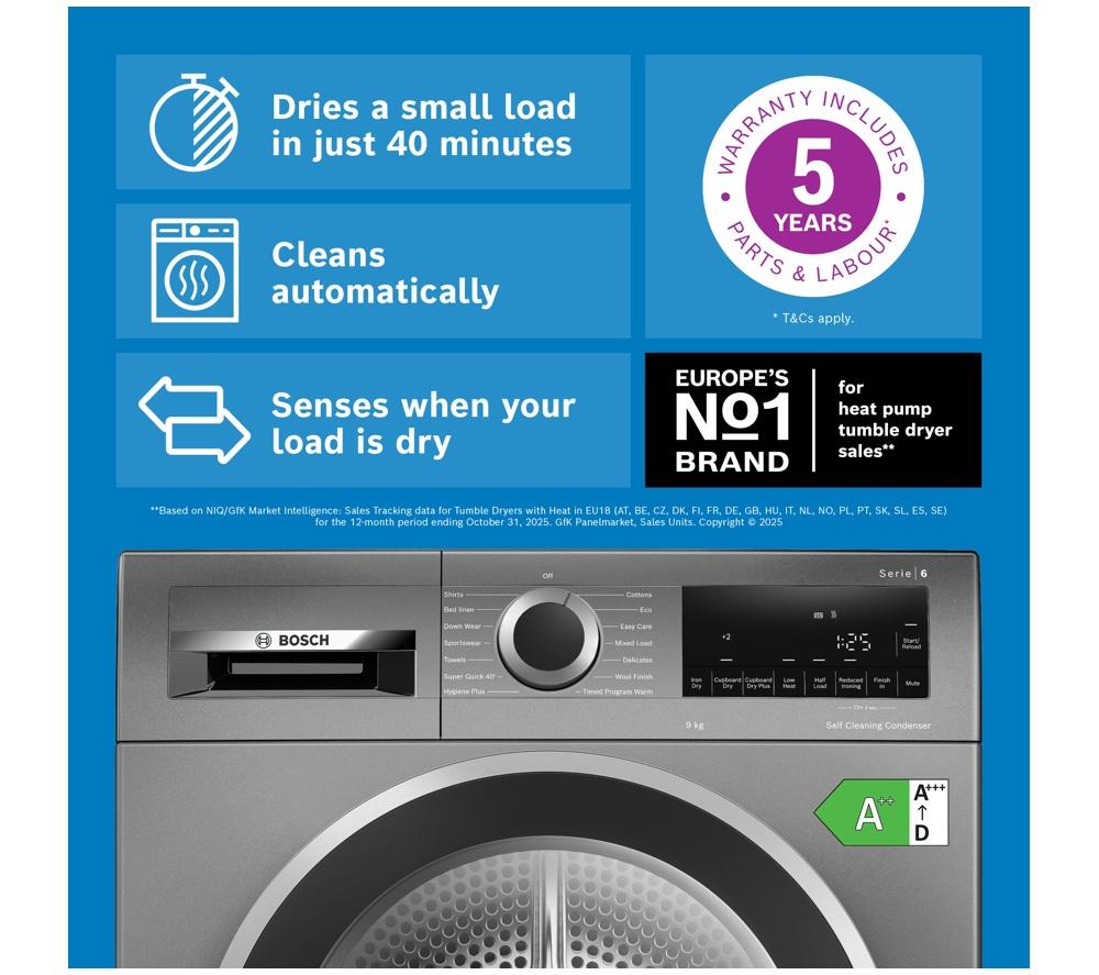 BOSCH Series 6 WQG245R2GB 9 kg Heat Pump Tumble Dryer - Graphite image number 2 of 11