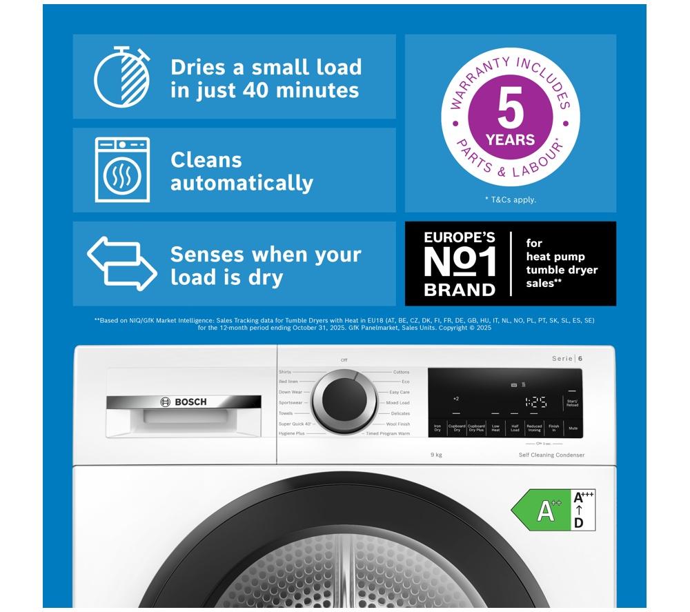 BOSCH Series 6 WQG24502GB 9 kg Heat Pump Tumble Dryer - White image number 12 of 12