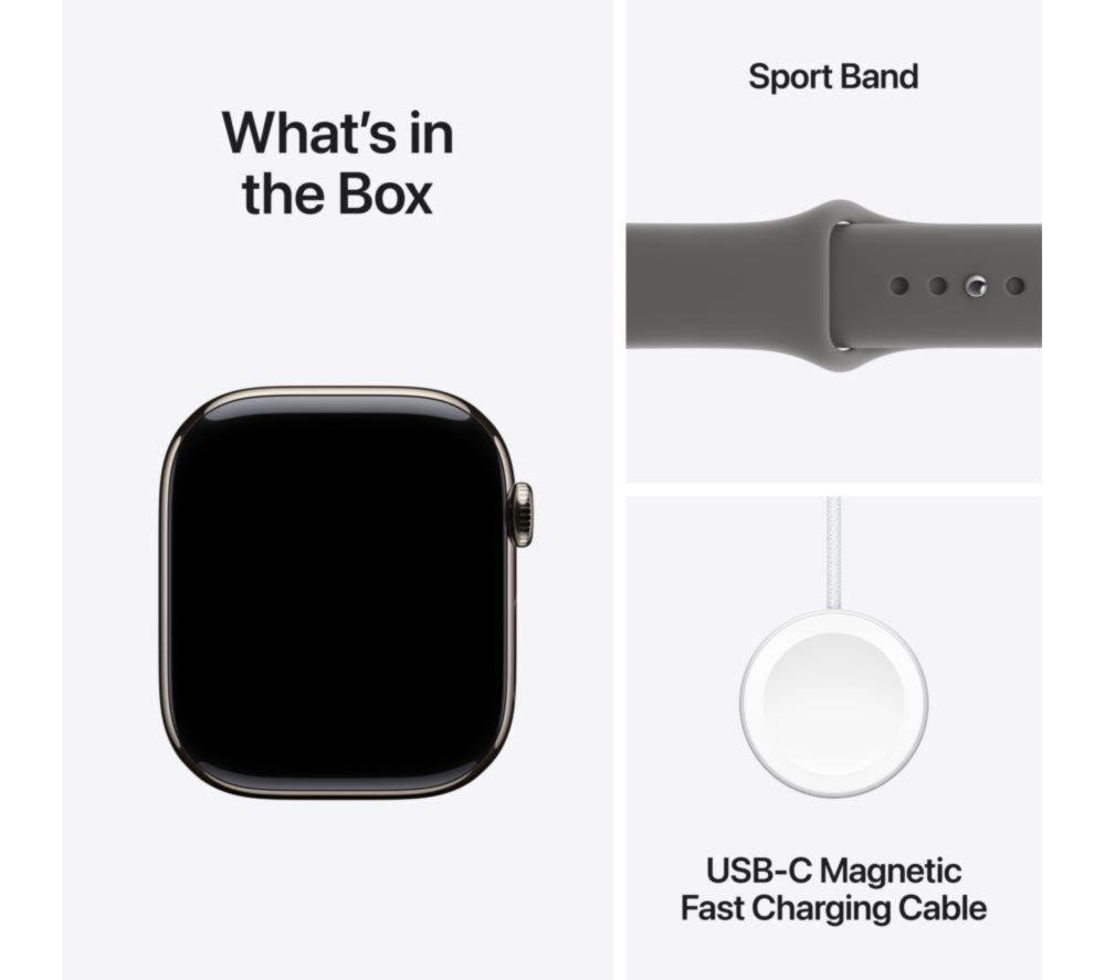 APPLE Watch Series 11 Cellular - 46 mm Natural Titanium Case with Stone Grey Sport Band, S/M image number 9 of 10