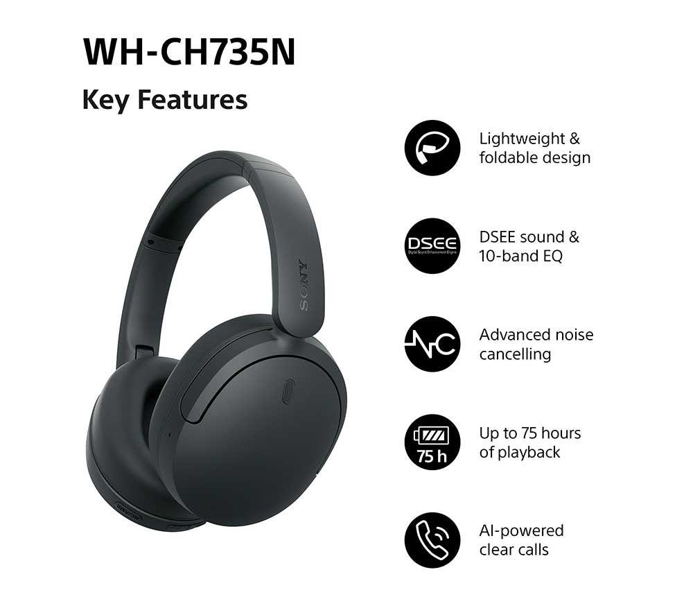 SONY WH-CH735N Wireless Bluetooth Noise-Cancelling Headphones - Black image number 2 of 17