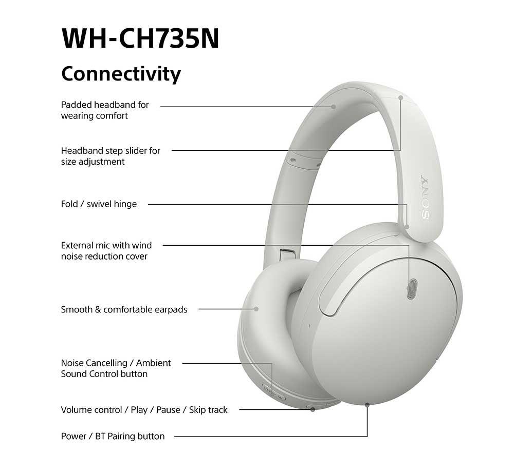 SONY WH-CH735N Wireless Bluetooth Noise-Cancelling Headphones - White image number 9 of 17