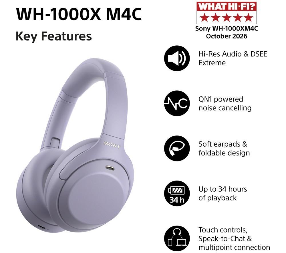 SONY WH-1000XM4C Wireless Bluetooth Noise-Cancelling Headphones - Lavender image number 2 of 18