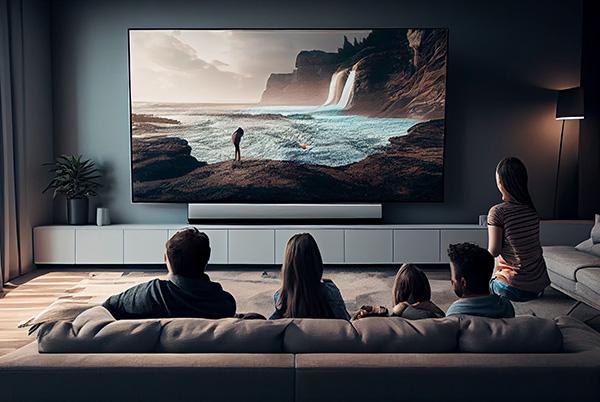 a family watching a movie on a large screen television from different viewing angles