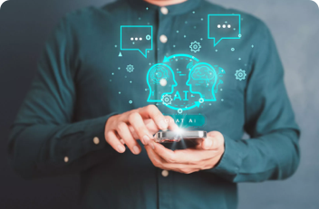A person holding a phone with Ai icons floating above it