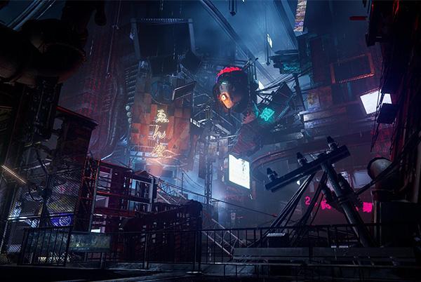 a dark, futuristic city with neon lights and a large building