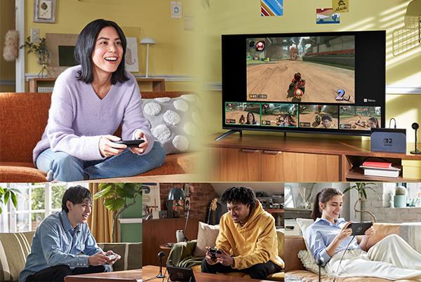 a collage of people playing video games on a television using the nintendo switch 2 gamechat feature
